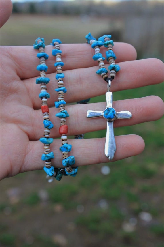 Sterling Silver Navajo Pearl & Turquoise Beaded Cross Necklace