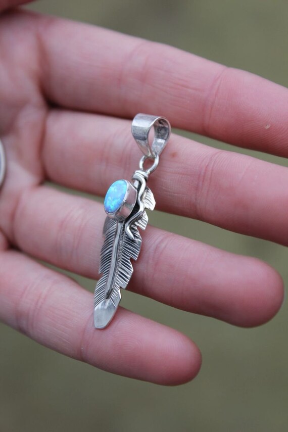 Sterling Silver 925 Navajo June Delgarito Lab Opal Feather Pendant
