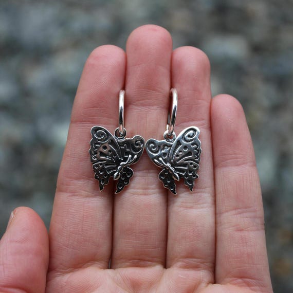 Pre-owned Sterling Silver 925 Butterfly Hoop Stud Earrings