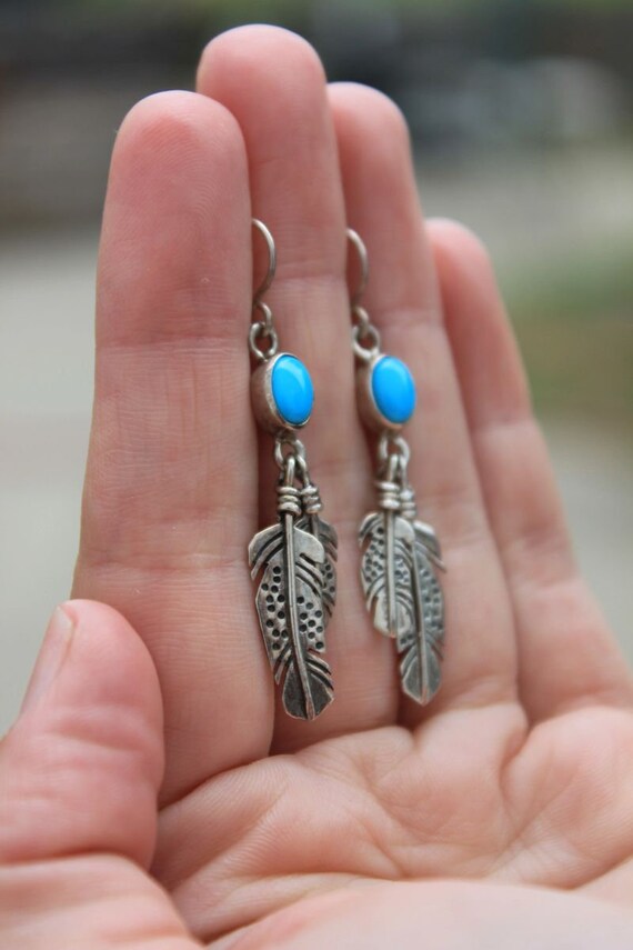 Pre-Owned Sterling Silver Turquoise Feather Dangl… - image 2