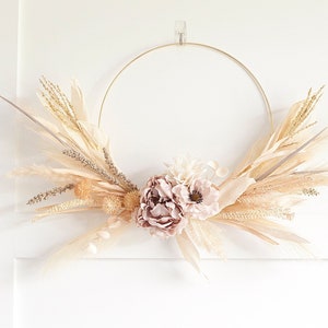 Modern Fall mocha peony & pampas wreath |hoop wreath|pampas plume wreath|cornhusk wreath|boho decor|dried|modern wreath|Modern Fall wreath