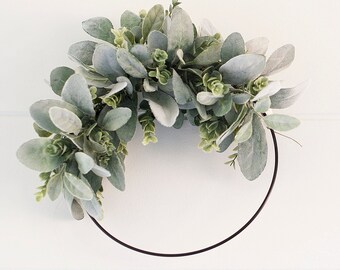Modern soft greens & eucalyptus wreath |hoop wreath|minimalist decor|modern farmhouse|lambs ear wreath|minimalist everyday wreath|greenery