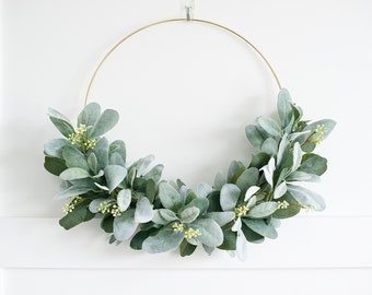 Modern soft greens seeded eucalyptus wreath |hoop wreath|modern farmhouse|lambs ear wreath|minimalist everyday wreath|greenery wreath|decor