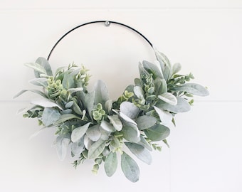 Modern soft greens & eucalyptus wreath |hoop wreath|minimalist decor|modern farmhouse|lambs ear wreath|minimalist everyday wreath|greenery