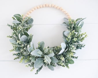 Modern wood beaded greens eucalyptus wreath|hoop wreath|wood bead hoop wreath|modern farmhouse|lambs ear wreath|everyday wreath|front door