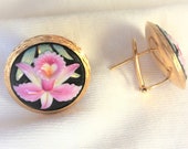 Vintage 18k Gold HEAVY 11.6g Hand Painted Porcelain Omega Pierced Clipon Earrings Marked 18 k kt 750 Matching 7 quot long Bracelet Available