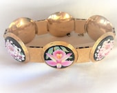Vintage 18k Gold HEAVY 42.7g Hand Painted Porcelain Bracelet Cuff Marked 18 k 750 Locking Clasp 7 quot long Matching Omega Clipon Earrings Avail