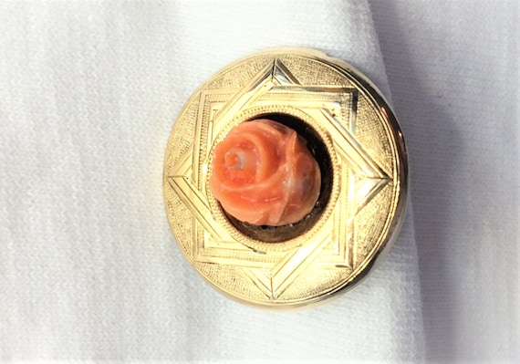 Estate 14k Yellow Gold Vintage Carved Coral Rose … - image 2