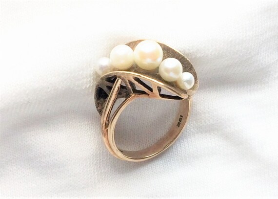 Estate 10k HEAVY Yellow Gold Genuine Pearl Ring 5… - image 2