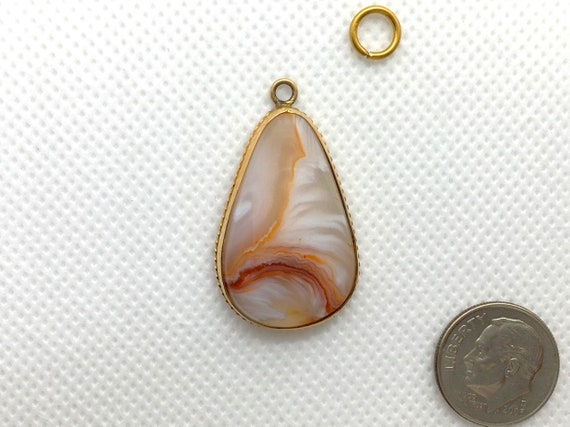 Estate 10k Yellow Gold Vintage Pendant 1-1/4" long Custom OOAK Genuine Agate Gemstone Gem 4.7g Handmade 10 k 10kt Antique Great for Gift
