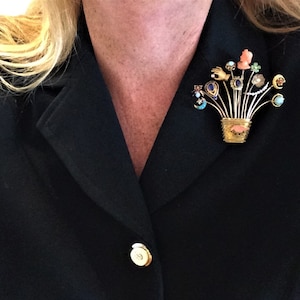 Estate 14K HEAVY 16.2g Gold Vintage Stick Pin Brooch Victorian Antique BIG 3&quot; long Lapel Stickpin Carved Coral Opal Diamond Ruby Pearl Gift