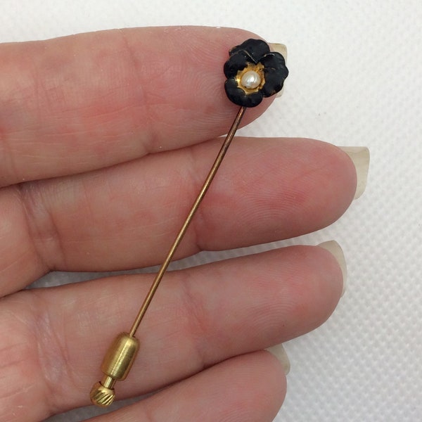 Estate 14K Yellow Gold Genuine Pearl Vintage Stick Pin Brooch Black Enamel Pansy 2-1/4" long 1.5g Antique Victorian Lapel Stickpin for Gift