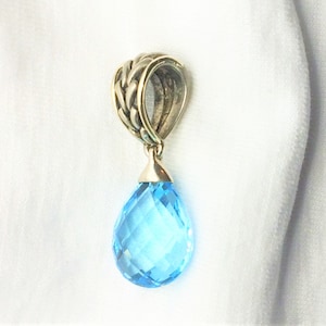Estate 18k Gold & Sterling Silver Genuine Blue Topaz Drop Pendant Statement for Necklace Chain Marked 750 (for 18kt) 925 Looks New for Gift