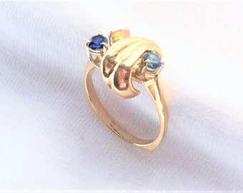 Estate 14K Gold Vintage Sapphire Topaz Citrine Ring sz 8.75 Cocktail Dinner Ring 4.7g Unusual Band Shape Sputnik Marked 14 k kt 14kt Gems