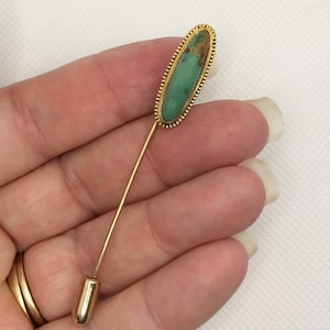 Estate 10K 3.5g Yellow Gold Genuine Turquoise Stick Pin Brooch 2.75&quot; long Solid 10 k Lapel Stickpin for Man or Woman Unisex for Vintage Gift