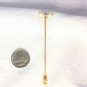 Broszka z 14-karatowego żółtego złota z prawdziwymi diamentami i perłami, 2,5&quot; długości, 3,1 g, przypinka do klapy, dla mężczyzn lub kobiet, unisex, prezent w stylu wiktoriańskim z lat 40. XX wieku