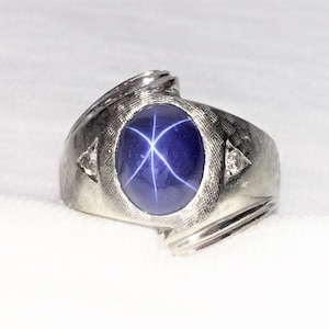 Estate 14K HEAVY 8.7g White Gold Vintage Blue Star Sapphire Diamond Ring sz 8 Man or Woman Unisex Linde Marked 14 k 14kt Mid-Century Modern