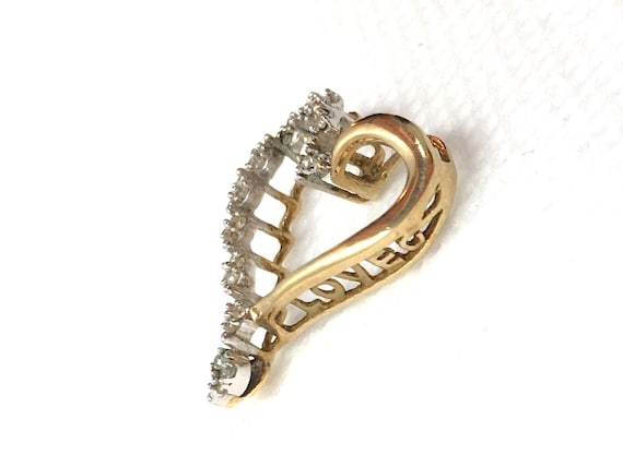 Vintage 10k Yellow Gold Heart Pendant LOVE side Banner 3/4" long Genuine Diamonds 1.1g for Necklace Chain Marked 10 k kt Valentines Day Gift