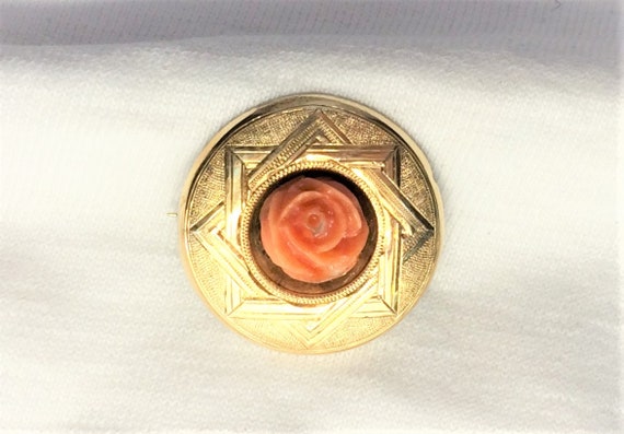 Estate 14k Yellow Gold Vintage Carved Coral Rose … - image 3