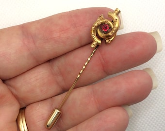 Estate 14K Yellow Victorian Era Ruby Stick Pin Brooch 2-1/2" long 2.8g Lapel Stickpin for Man or Woman Unisex Antique Great for Vintage Gift