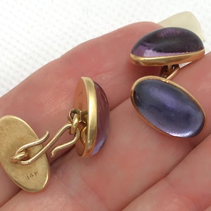 Estate 14K HEAVY 8.7g Gold Cufflinks Custom Purple Amethyst Gem Cuff Links Marked 14 K  14kt Woman or Man Jewelry Vintage Art Deco for Gift