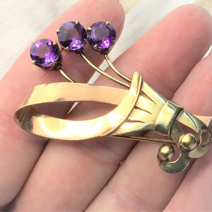 Vintage 14k HEAVY 8.8g Yellow Rose Gold Amethyst Brooch 2&quot; Long Pin Custom Flower Basket Big Marked 14 k kt Mid-Century Modern Bouquet Large