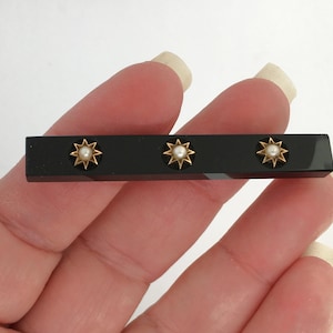 Estate 14K Yellow Gold Genuine Jet or Black Onyx & Pearl Vintage Bar Brooch Pin Heavy 6.4g Victorian Marked 14 k 14kt Unisex Man Woman Gift
