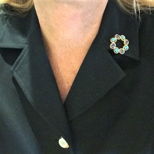 Estate 14k HEAVY 6.9g Yellow Gold Vintage Round Turquoise Lapis Brooch Pin Solid 14 k kt 14kt Antique Big Statement Mid Century Blue Lapiz