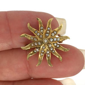 Vintage 14k Yellow Gold Sunburst Sun Seed Pearl Brooch Pin 2.9g Victorian Excellent Condition Marked 14 k Solid 14kt Genuine Antique Gift