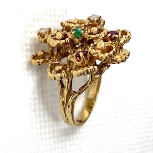 Estate 18k Gold HEAVY 8.9g Genuine Diamond Ruby Emerald Cocktail Ring sz 4.75 Marked 18 k Solid 18kt 750 Custom Cluster Mid Century Mod Gift