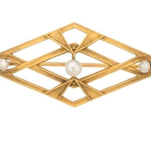 Estate 14K Yellow Gold Genuine Pearl Vintage Bar Lapel Brooch Pin 1.5&quot; long Victorian 2.5g Marked 14 k 14kt Horseshoe Antique Art Deco Dsn.