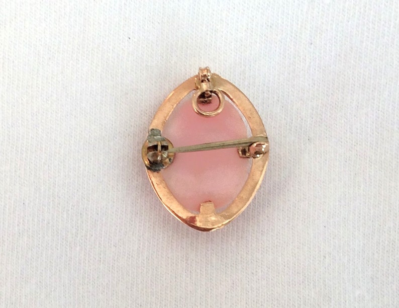 May include: A gold-toned oval brooch with a pink cameo set in the center. The brooch has a pin and catch closure on the back.