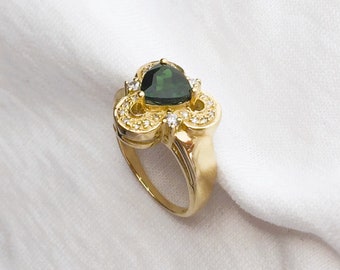 Estate 10K Yellow Gold Green Tourmaline & Genuine Diamond Gem Ring sz 7-1/4 Big Clover Design 4.7g Marked 10 k 10kt Looks New Great for Gift