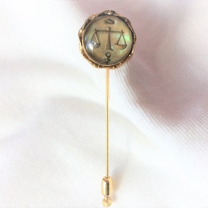 Estate 14K Yellow Gold Vintage Stick Pin Libra Zodiac Sign Abalone Brooch 2.5&quot; long 4.0g Marked 14 K Kt Antique Lapel Stickpin Scales