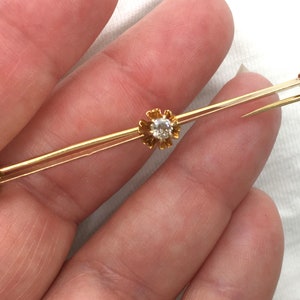 Estate 14K Yellow Gold Genuine Diamond Vintage Bar Brooch Pin 2.5&quot; long 3.5g Victorian Marked 14 k 14kt .1 ct dia Thin top Edge Antique Gift