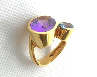 Estate 18K+ HEAVY 17.2g Yellow Gold Genuine Amethyst & Blue Topaz Ring sz 7 Custom Modern Marked 800 19.2K Portuguese Looks Great for Gift