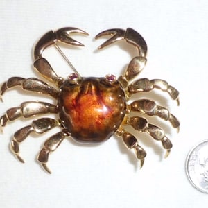Estate 18k HEAVY 15.7g Gold Enamel Ruby Eyes Brooch Crab BIG 2-1/8&quot; wide Marked Italy 18 K 18kt Enameled Statement Pin Looks Great for Gift