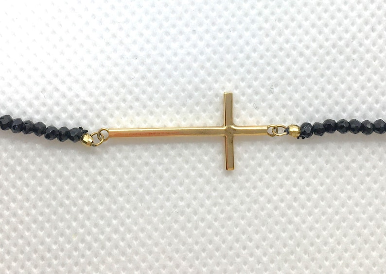 Estate 14K Yellow Gold Cross Pendant Necklace Genuine Faceted Black Spinel Gems 4.9g Adjustable Length 17.5 to 19.5 Marked 14 k 14kt Gift image 6