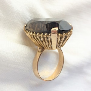 Estate 18K HEAVY Gold 10.1g Genuine Smoky Topaz Ring sz 6-1/2 High Setting Design Marked 18 k kt 18kt Big Oval Gem Statement Ring for Gift