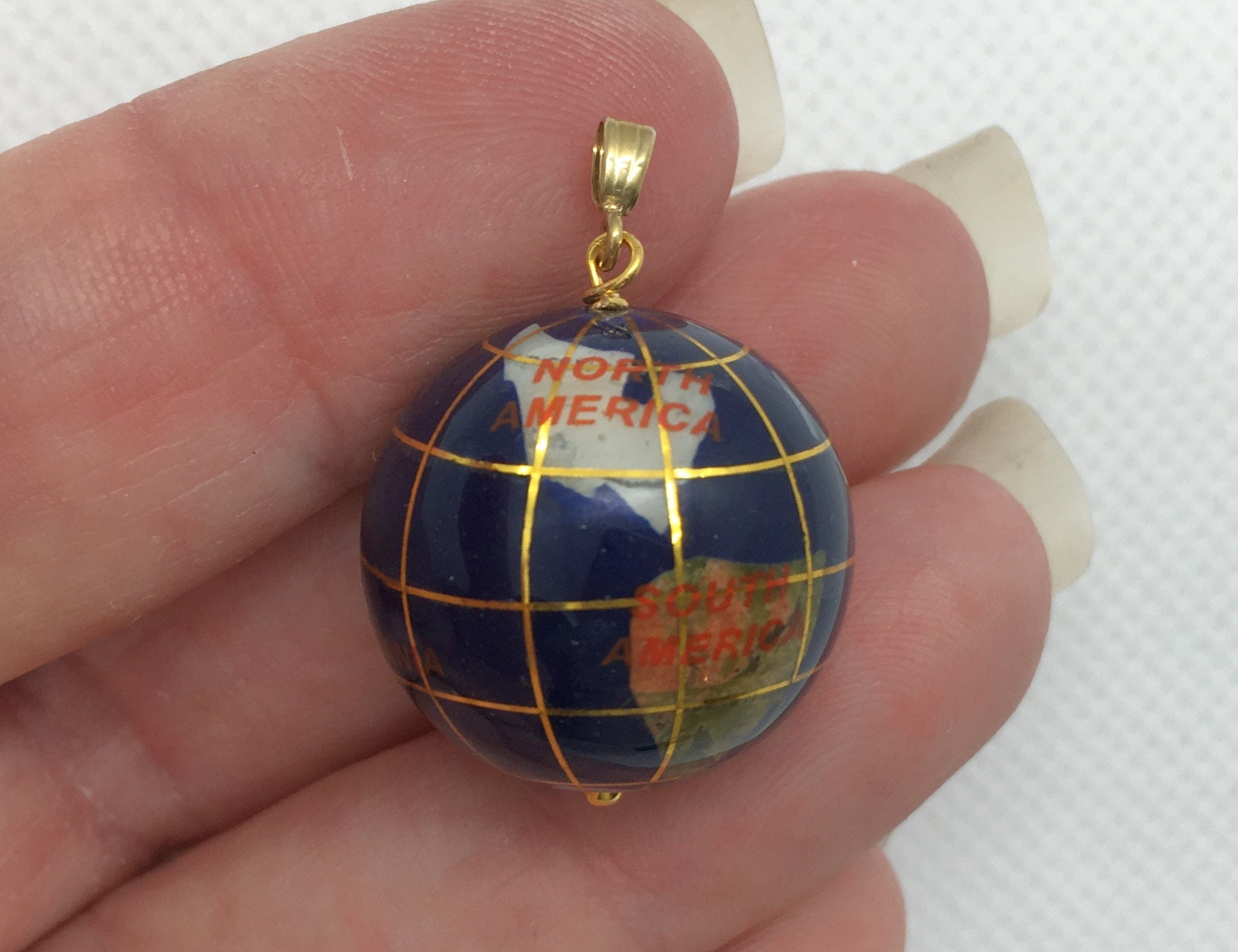 Estate 14k Yellow Gold Genuine Gemstone Globe Pendant BIGGER 3/4