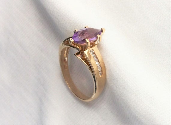 Estate 14K Gold Diamond & Amethyst Ring sz 6 Soli… - image 5