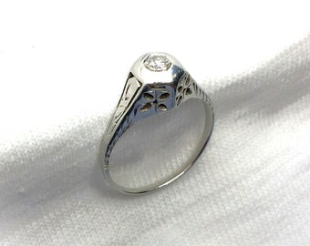 Vintage 18k White Gold Estate Genuine Diamond Engagement Wedding Ring Band Victorian 2.4g sz 4-3/4 Marked 18 k 18kt Art Deco Antique Gift