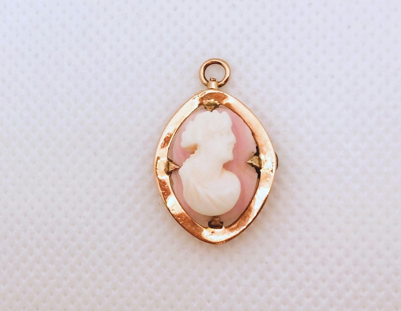May include: A gold-toned pendant with a cameo of a woman's profile in white on a pink background.