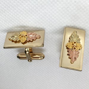 Estate 10K Black Hills Yellow White & Rose Gold Leaf Design Top Vintage Cufflinks Mid Century Modern 10kt 12.9g French Cuff for Wedding Gift