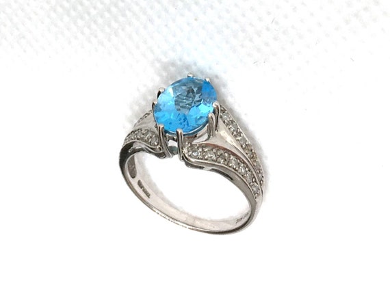 14Kホワイトゴールド　指輪　ブルートパーズ　ダイヤ エステート 14K ホワイト ゴールド 本物のダイヤモンド & ブルー