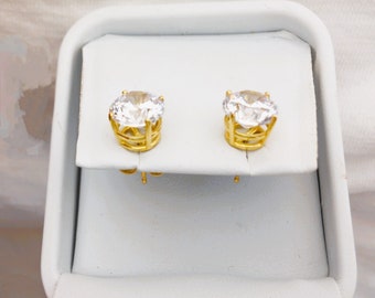 Estate 18KT Yellow Gold 2 carat (Each!) Solitaire CZ Faux Diamond Pierced Post Earrings 3.1g Marked 18K Looks New - in Box Great for Gift