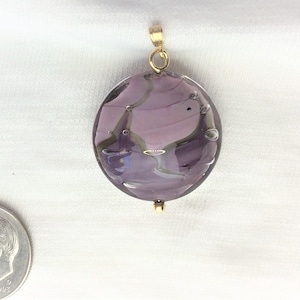 Estate 14k Gold Italian Glass Pendant 7.6g Marked 14 k for Necklace Chain 7/8&quot; dia. with 14kt Beads Round & Purple Color Looks New for Gift