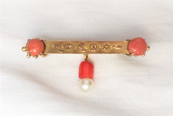 Estate 9ct Yellow Gold Vintage Coral Brooch Pin P… - image 2