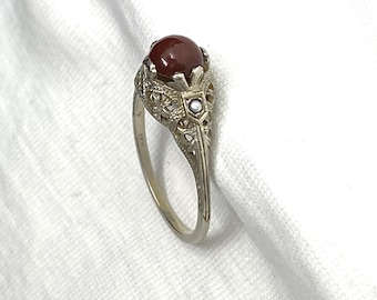 Vintage Genuine 18K White Gold Carnelian Pearl Victorian Ring sz 8.5 Engagement Wedding Art Deco Band 3.1g Marked 18 K Solid 18kt for Gift