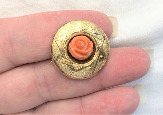 Estate 14k Yellow Gold Vintage Carved Coral Rose … - image 4